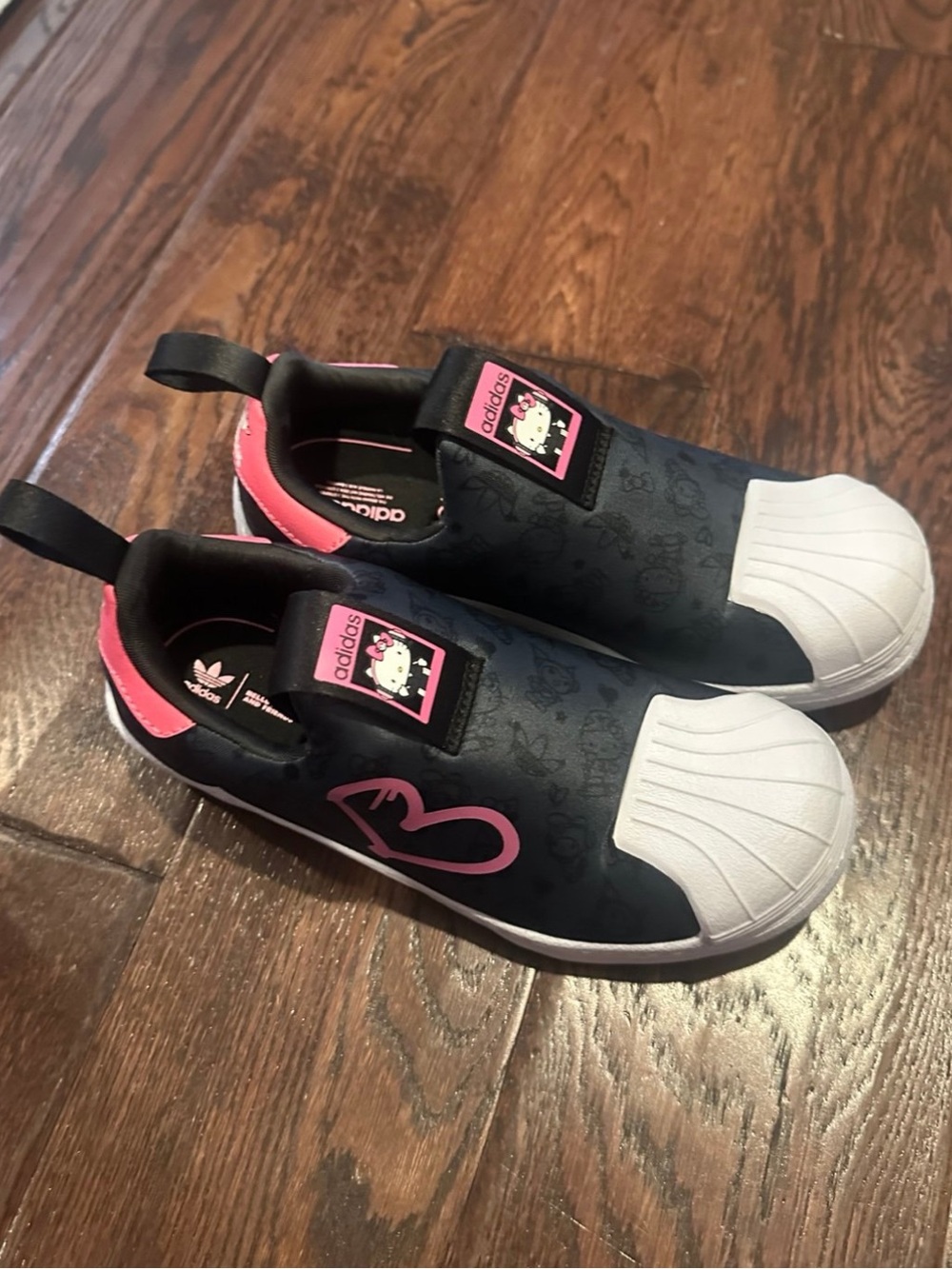 adidas Black and Pink Kids Slip-On Sneakers with White Shell Toe